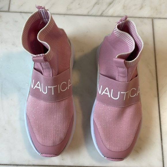 Nautica, girls 2, pink and iridescent white stretchy sock boot sneakers - Picture 3 of 9